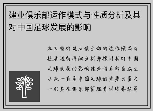 建业俱乐部运作模式与性质分析及其对中国足球发展的影响